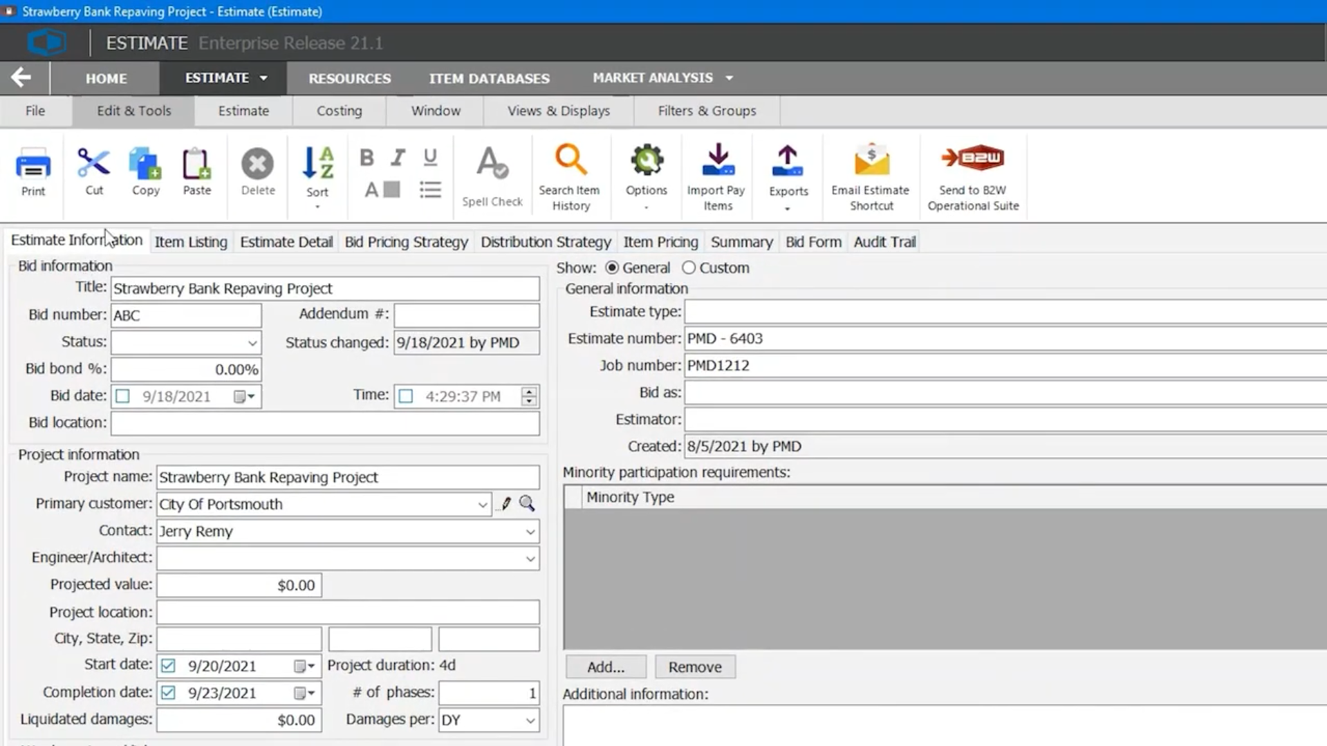 screenshot of B2W Estimate